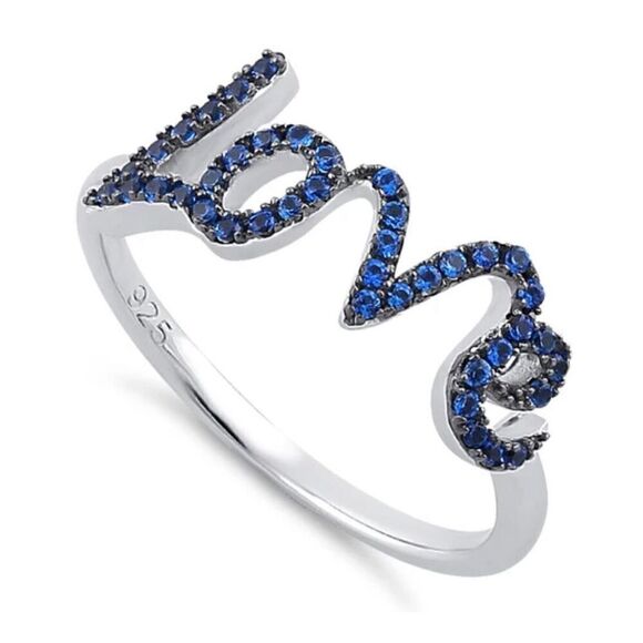 New Sterling Silver Love Blue Spinel CZ Ring - Picture 1 of 5